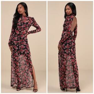 NWT Lulu's Lovely Silhouette Black Red Floral Sheer Cutout Mesh Maxi Dress Med